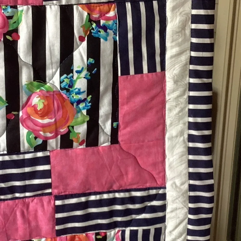 NWT. Hand Crafted Pink and Black Striped With Roses Floral Quilt